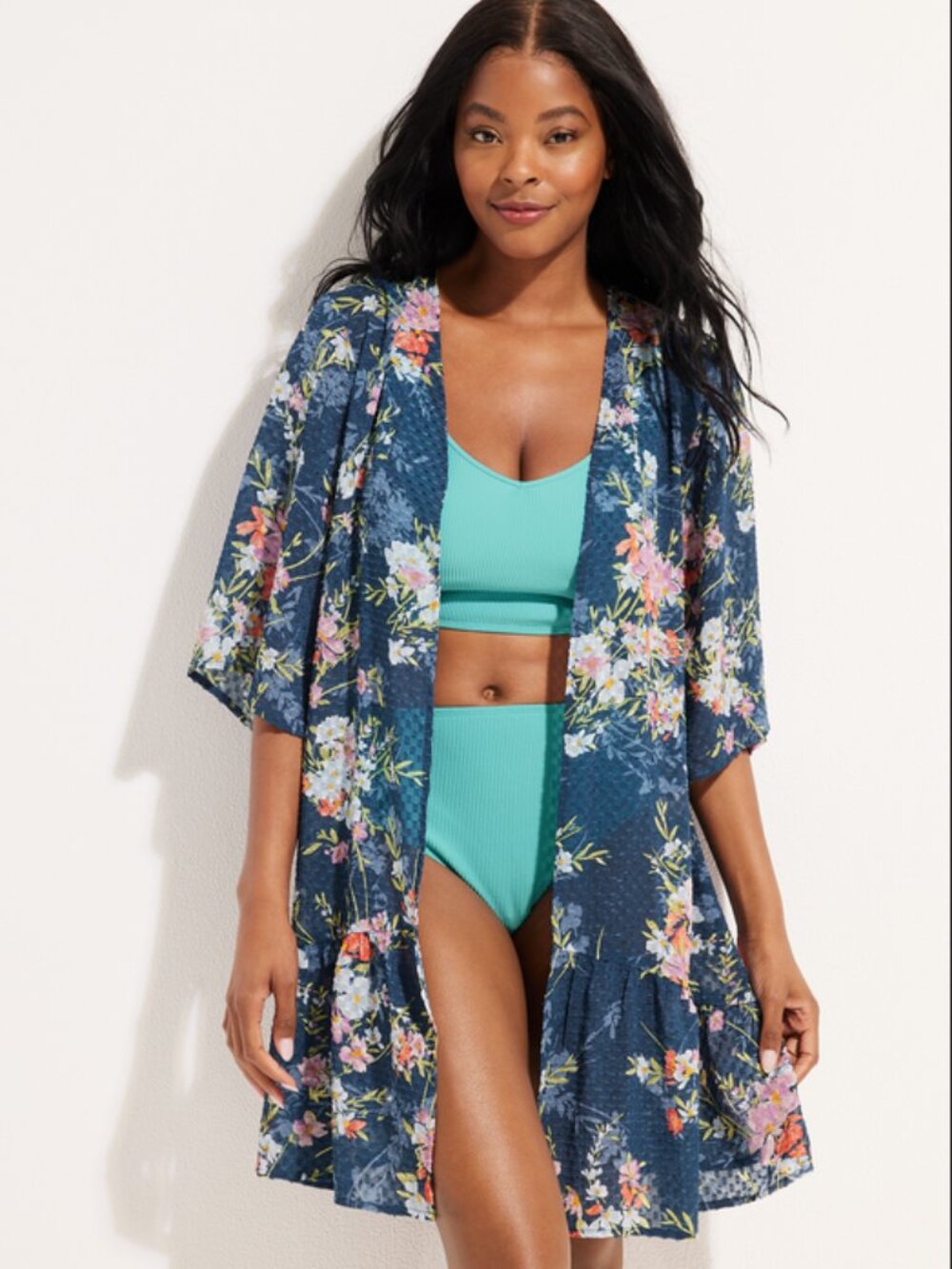 Maurices Kimono Duster Floral Textured Ruffle Hem Semi-Sheer Lightweight 1X NWT
